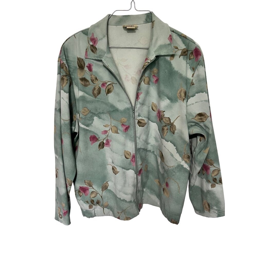 Teddi Petites Vintage Jacket Zip Up Green with Floral Pattern Microfiber Womans